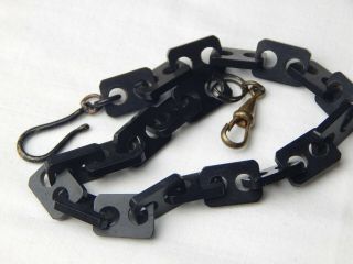 Antique Victorian Whitby Jet Mourning Watch Chain Square Link,  Hook Gold Clasp