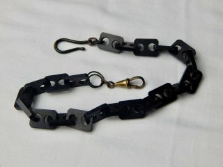 Antique Victorian Whitby Jet Mourning Watch Chain Square Link,  Hook Gold Clasp 2