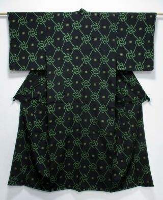 Japanese Silk Antique Kimono / Omeshi / Black & Green / Silk Fabric /115