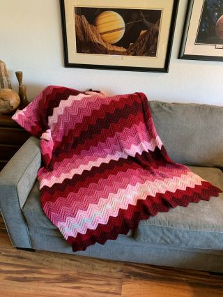 Vintage Zig Zag Handmade Red Pink Afghan Crochet Knit Blanket Throw 48 " X78 "