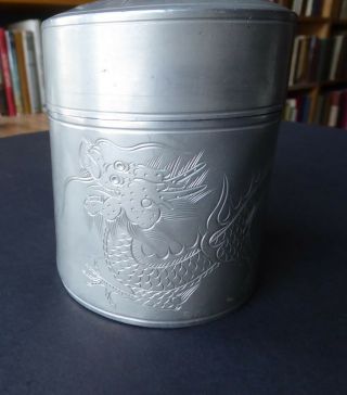 Antique Chinese Pewter Tea Caddy w 5 Claws Dragon Kut Hing Swatow 3