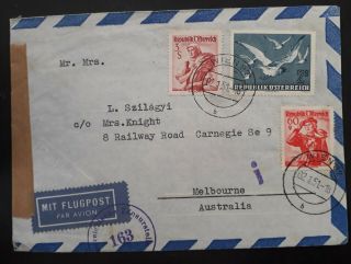 Rare 1951 Austria Airmail Censor Cover Ties 3 Stamps Canc Vienna To Australia