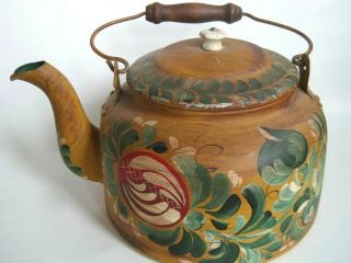Vintage Hand Painted Folk Art Toleware Metal Tea Kettle Teapot Wood Handle
