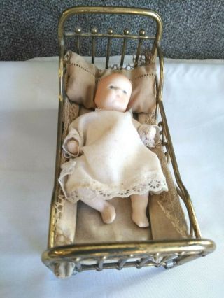 Antique Doll House Brass Bed With Ceramic Baby