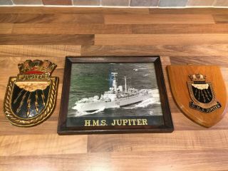 Rare Vintage Ships Signed Plaque Set " Hms Jupiter " Maritime Royal Navy Boat