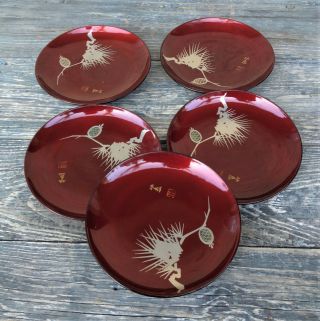 Set Of 5 Vintage Japanese Fine Lacquer Over Wood Small Burgundy & Gold Plates