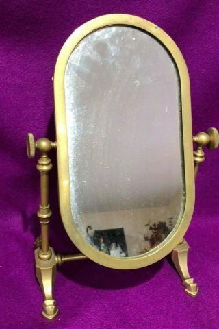 Vanity Make Up Brass Swivel Table Top Oval Mirror W Stand Vintage Antique 13 3/4