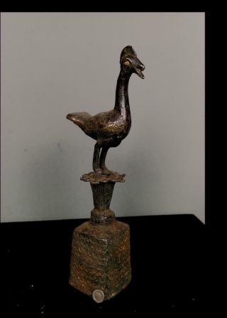 Old Tribal Large Rare Benin Bronze Rooster Bell Figure - Nigeria Bn 47