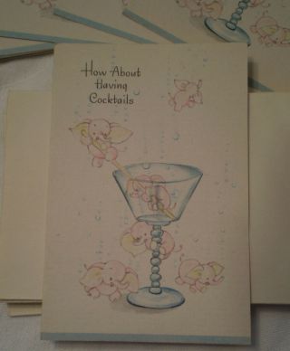 Vintage Cocktail Invitation Cards Hallmark 1947 Pink Elephants Martini Glass