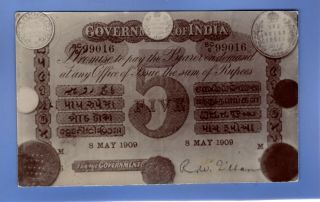 Rare 1909 India Currency 5 Rupees Bank Note Rp Photo Vintage Postcard
