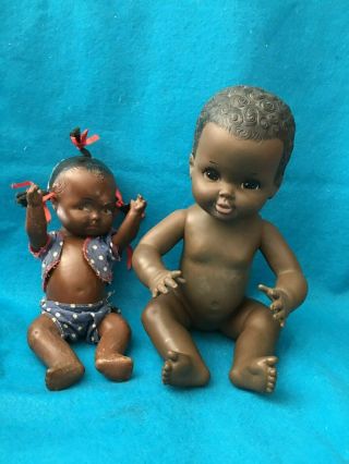 Antique Composition Black Americana Baby Doll African American 10 " & 1972 Baby
