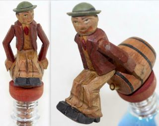 Rare Vintage Mechanical German Hand Carved & Painted Wood Bottle Pourer Stopper
