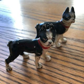 Set Of Two Antique Cast Iron Boston Terrier Dog Red Collar Figurine 3 " Hubley