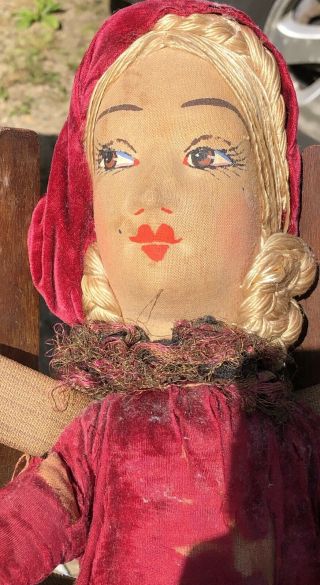 27” Antique Boudoir Bed Doll,  Painted Face,  Yarn Hair,  Clothes A Wreck.  French?
