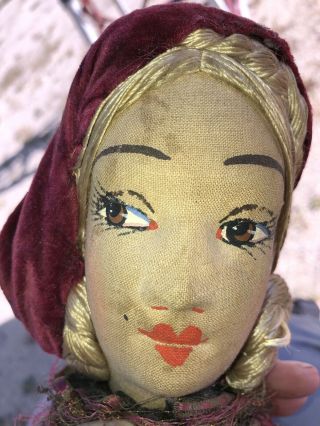 27” Antique boudoir bed doll,  Painted face,  yarn hair,  clothes a wreck.  French? 3