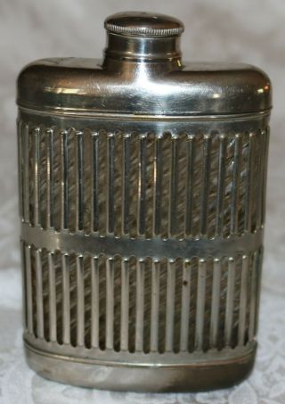 Antique Art Deco Silver Plated Brass & Glass Whiskey Hip Flask W/ Screw Cap Ex