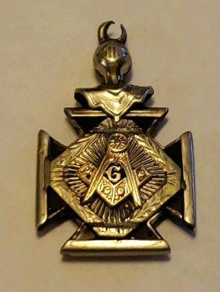 Antique Masonic Watch Fob Helmet,  Maltese Cross & Logo Gold? Silver?