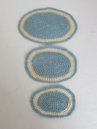 3 Vintage Dollhouse Miniature Light Blue And White Oval Rugs