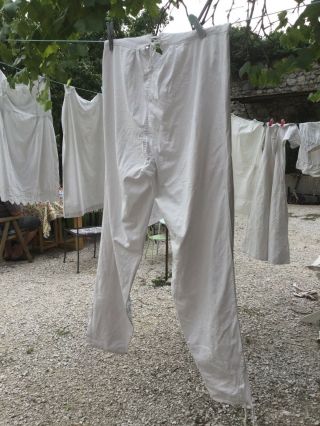 French Antique Men’s Underwear Long Johns Cotton Workwear White Vintage Pajamas 2