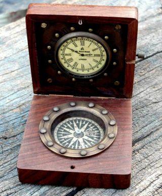 Antique Brass Nautical Compass And Watch With Wooden Box