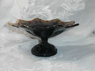 Antique Dark Purple Amethyst Glass Pedestal Bowl Dish With Gold Trim & Red Beads