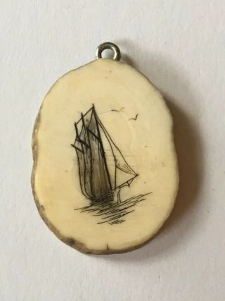 Vintage Hand Carved Nautical Sailboat Boat Scrimshaw Pendant