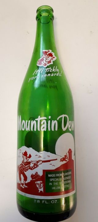 ☆☆very Rare Cdn " Mountain Dew " 28 Ounce Large Bottle - W/ Hillbilly & Jug - No Cap