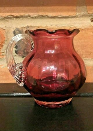 Cranberry Glass Creamer Vase Pitcher - Hand Blown Slightly Ribbed