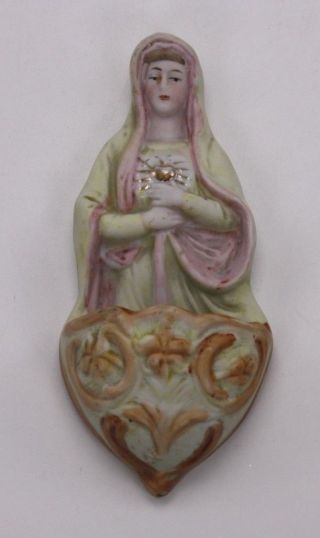 Antique Bisque Germany Porcelain Ceramic Vtg Mary Mother Wall 6 " Holy Water Font