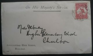 Rare 1914 Australia Ohms Cover - 1d Red Kangaroo Stamp Agricultural High School