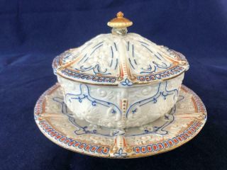 Rare Antique Copeland Bisque Porcelain Hand Painted Lidded Bowl & Stand.  C1850.