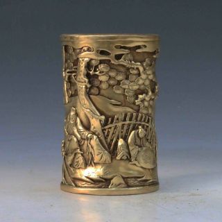 Exquisite Old Chinese Handwork Carved Old Man& Pine Tree Brass Brush Pot Gift