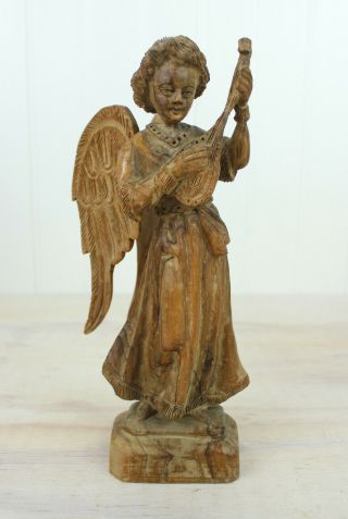 Antique Wood Carved Angel Playing Lute Figure