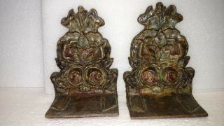 Cast Iron Antique Floral Bookends Finish 5.  6 " H 4 " W Manuf Marked