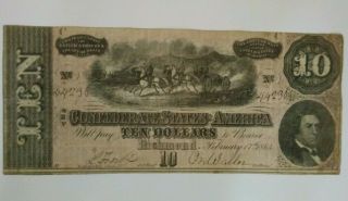 Rare Civil War Confederate 1864 10 Dollar Bill Richmond Virginia Paper Currency