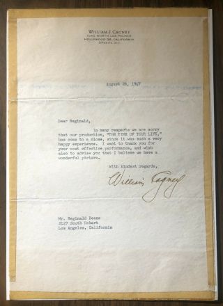 Rare William Cagney Signed Production Letter The Time Of Your Life James Cagney