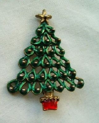 Old Vintage Christmas Tree Brooch Fancy Green And Red Crystal Austria 1950 S