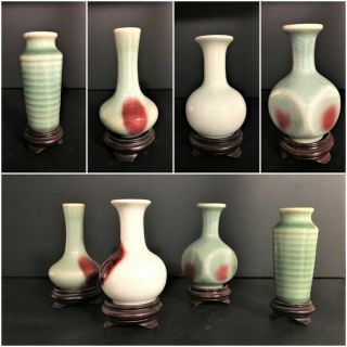 Collectible Vintage Small Chinese Celadon Crackle Glazed Vases (set Of 4)