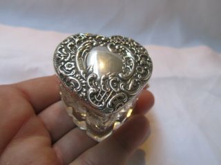 Antique Little Silver & Cut Glass Heart Shaped Ring Box Trinket Pot 1899