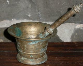 Antique 17th,  18th Century Metalware Brass Mortar And Pestle Set