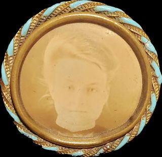 Antique Victorian Mourning Picture Brooch Pin Lady Turquoise Enamel Gold Tone