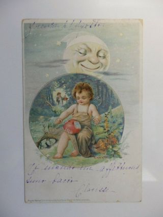 Antique Postcard Man In The Moon And Cupid Signed Kratki Circa 1910