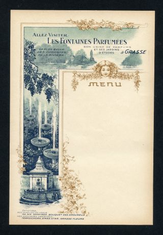 Antique Rare Lithograph: Menu Les Fontaines Parfumes Grasse France