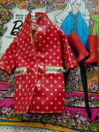 Vintage Barbie Francie Polka Dot And Rain Drops Rain Coat And Red Rubber Boots