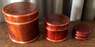 Three Round Vintage Wooden Tea Boxes - Tea Caddies,  Storage Jars,  Teak?