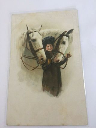 Antique Postcard Woman With Two Horses Posted