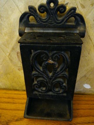 Vintage Antique Cast Iron Match Box Holder Wall Mounted Old Black