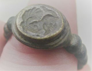 Ancient Roman Bronze Seal Ring With Silver Lion Intaglio Circa 200 - 300ad