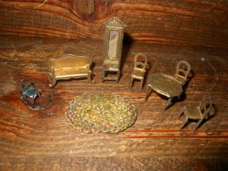 Antique Soft Metal German Miniature Dollhouse " Gold - Plated " Diningroom Furniture