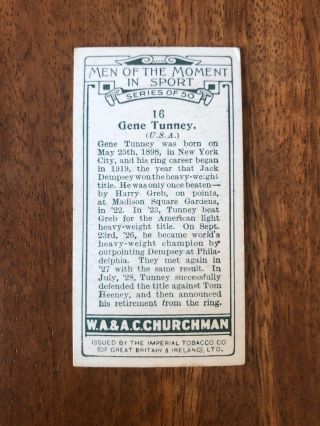 RARE CHURCHMAN MEN OF THE MOMENT IN SPORT EXC BOXING CIGARETTE CARD TUNNEY No.  16 2